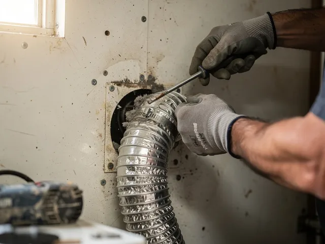 Bexley Dryer Vent Cleaning technician performing precise dryer vent hose installation in Bexley